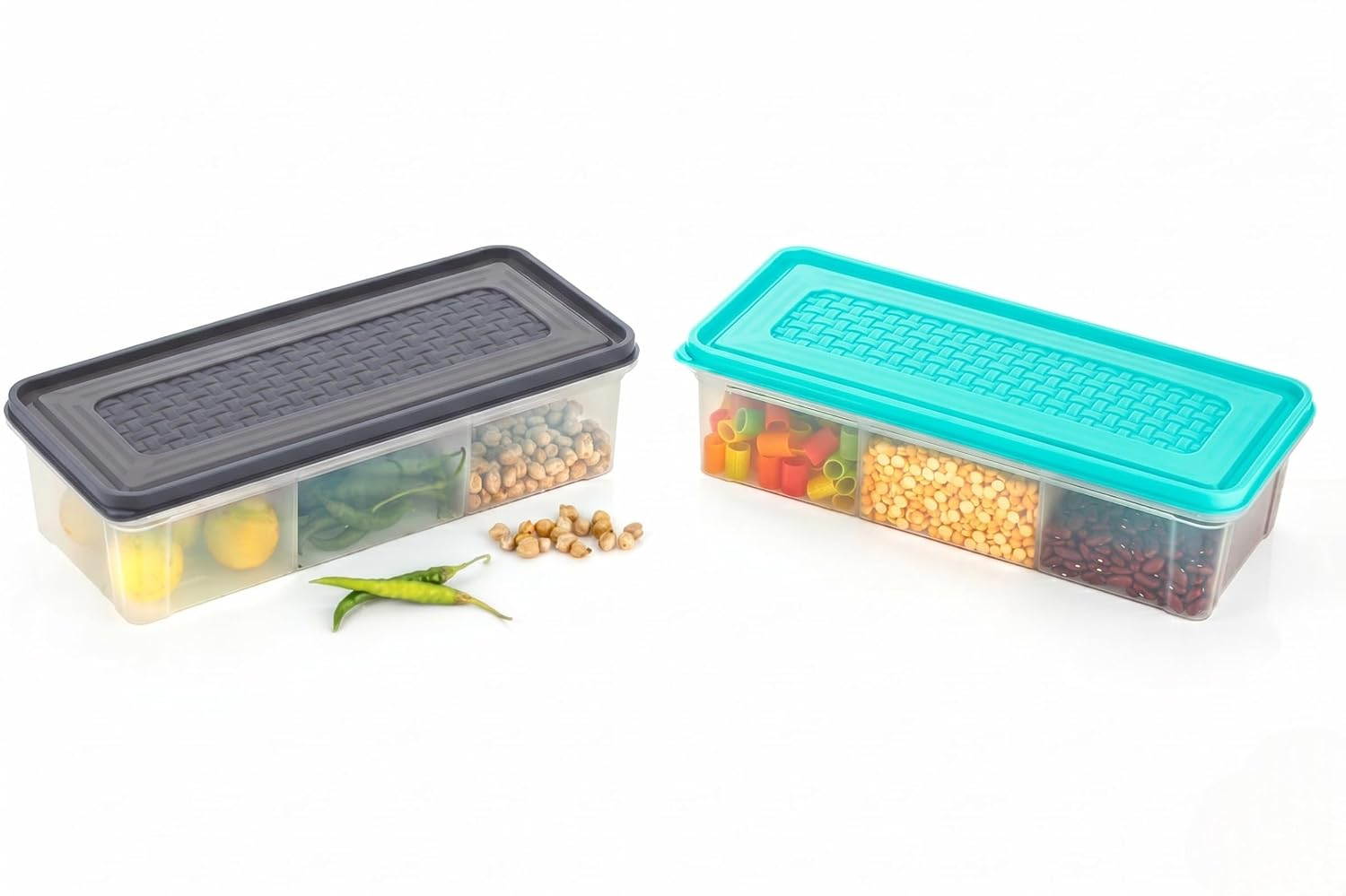 71pHF9O9wL._SL1500_.jpg MAGIC SPOON Multipurpose 3 Section Storage Container | Spice Box, Pickle Jar, Fridge Organizer, Dry Fruit, Vegetable & Kitchen Storage Container- Combo Pack (2000ml X 2) (AQUA-GREY) - Image 1