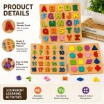 Wooden Alphabet, Number, and Shapes Puzzles for Toddlers - Montessori Educational Learning Toy Set for Boys & Girls - Chunky Colorful Peg Puzzles for 3+ Year Olds, 3-Pack - Image 6