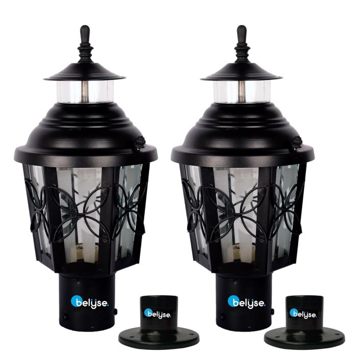 Belyse Lily Garden Lamp, Antique Wall Lights for Outdoor Vintage Decor, Decorative Lamp for Patio, Entryway, Steel and Glass Terrace Light with B22 Holder & Base Stand, 15cm Dia, Black, Pack of 2