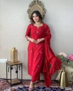 Yashika Women Pink Embroidered Chanderi Fabric Straight Kurta, Pant and Dupatta Set - Image 5