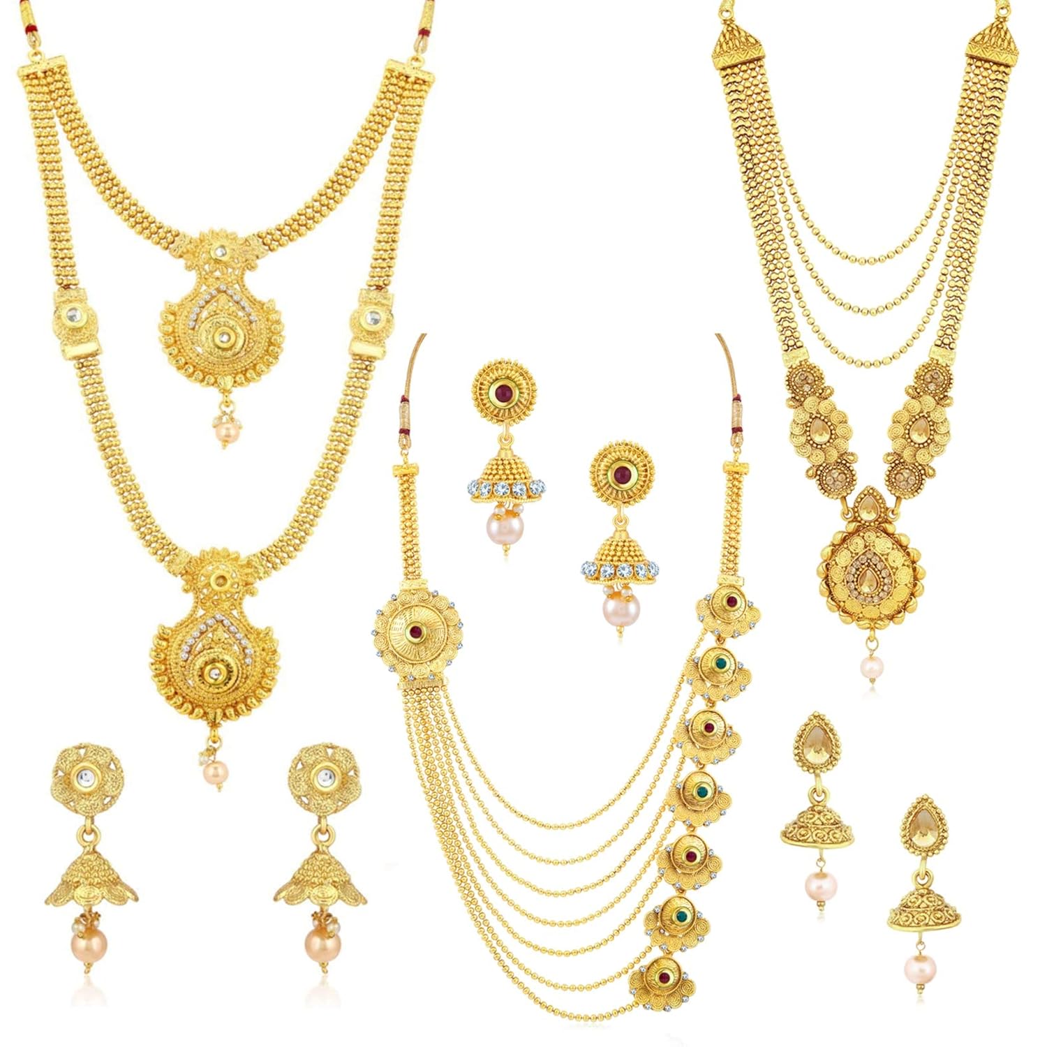 71qsZwPnzOL._SL1500_.jpg Sukkhi Ethnic Gold Plated Kundan Multi-String Set of 3 Necklace with Jhumki Earrings Combo for Women & Girls (SKR48716) - Image 1