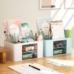 UCRAVO Plastic Stylish Stackable Desk Organizer with 2 Drawers and 5 Compartments Multi-Functional Desktop Storage Box with Pen Holder for Home,Office,School,Craft Supplies,and Art Stationery - Blue - Image 5