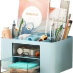 UCRAVO Plastic Stylish Stackable Desk Organizer with 2 Drawers and 5 Compartments Multi-Functional Desktop Storage Box with Pen Holder for Home,Office,School,Craft Supplies,and Art Stationery - Blue