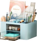 UCRAVO Plastic Stylish Stackable Desk Organizer with 2 Drawers and 5 Compartments Multi-Functional Desktop Storage Box with Pen Holder for Home,Office,School,Craft Supplies,and Art Stationery - Blue