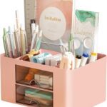 UCRAVO Office Desk Plastic Organizer with Drawer, All in One Office Supplies and Cool Desk Accessories Pen Holder, Enhance Your Decor, Desktop 5 Compartments & 2 Drawer Laddered Desk Organizer (Pink)