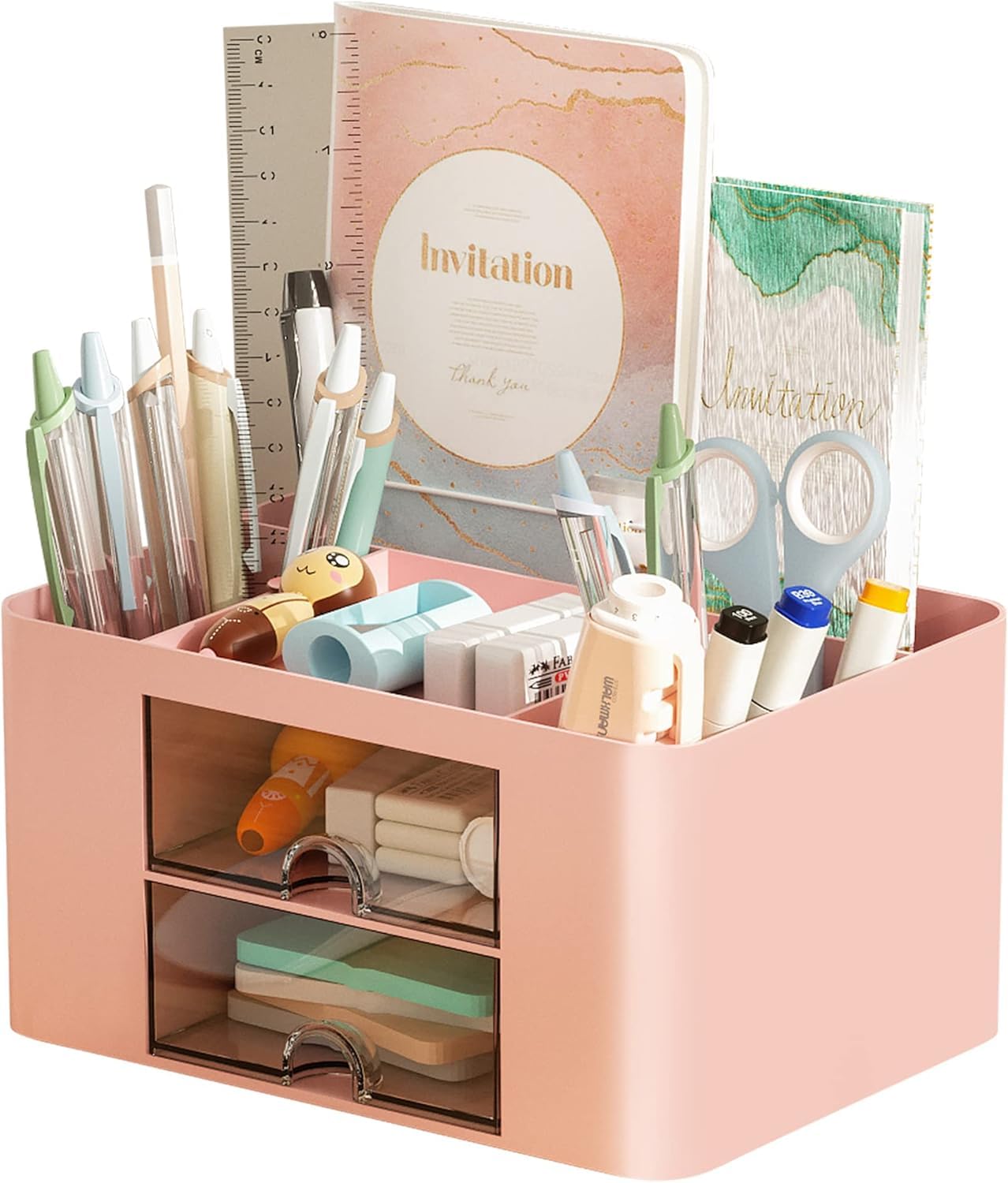 71rWCdalRCL._SL1500_.jpg UCRAVO Office Desk Plastic Organizer with Drawer, All in One Office Supplies and Cool Desk Accessories Pen Holder, Enhance Your Decor, Desktop 5 Compartments & 2 Drawer Laddered Desk Organizer (Pink) - Image 1