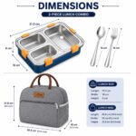 Misamo Enterprise Lunch Box with Insulated Lunch Bag Combo, 3 Compartment Stainless Steel Lunch Box with Spoon & Fork, Leak Proof Food Container for School, Office & Travel (Grey Bag+Blue Lunch Box) - Image 3
