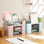 UCRAVO Office Desk Plastic Organizer with Drawer, All in One Office Supplies and Cool Desk Accessories Pen Holder, Enhance Your Decor, Desktop 5 Compartments & 2 Drawer Laddered Desk Organizer (Pink) - Image 4