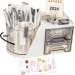 360° Rotating Desk Organizer with 2 Drawers | Multi-Purpose Pen Stand & Stationery Holder | Smooth Steel Ball Bearing For Office, Study & Home Desk Storage I Makeup Brush Holder Makeup Organizer