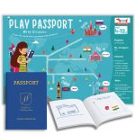CocoMoco Kids Play Passport for Kids, Geography Educational Toy Activity Kit with Reusable Stickers and World Map, Birthday Return Gift for Kids Ages 4-11 Year olds