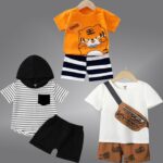 Lofn Unisex-Child Cotton Clothing Sets for Baby Boys & Baby Girls Printed Kids Clothing Sets - Unisex Clothing sets Half sleeve T-Shirt & Shorts Pack Of 3 (T84OR-T70WH-18-T83CP) - Image 2