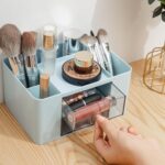 UCRAVO Plastic Stylish Stackable Desk Organizer with 2 Drawers and 5 Compartments Multi-Functional Desktop Storage Box with Pen Holder for Home,Office,School,Craft Supplies,and Art Stationery - Blue - Image 3