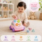 Pull Along Shape Sorting Car Toy for Toddlers 1+ Year | Educational Shape Sorter Vehicle with 4 Textured Shape Blocks & Storage Compartment | Montessori Learning Toy (Pink) - Image 4