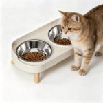 Elevated Cat Feeder Bowl, Anti-Choking Raised Cat Food and Water Bowl with Wooden Stand, Pet Feeding and Drinking Supplies for Small and Medium Sized Dogs (Cat Bowls-White)