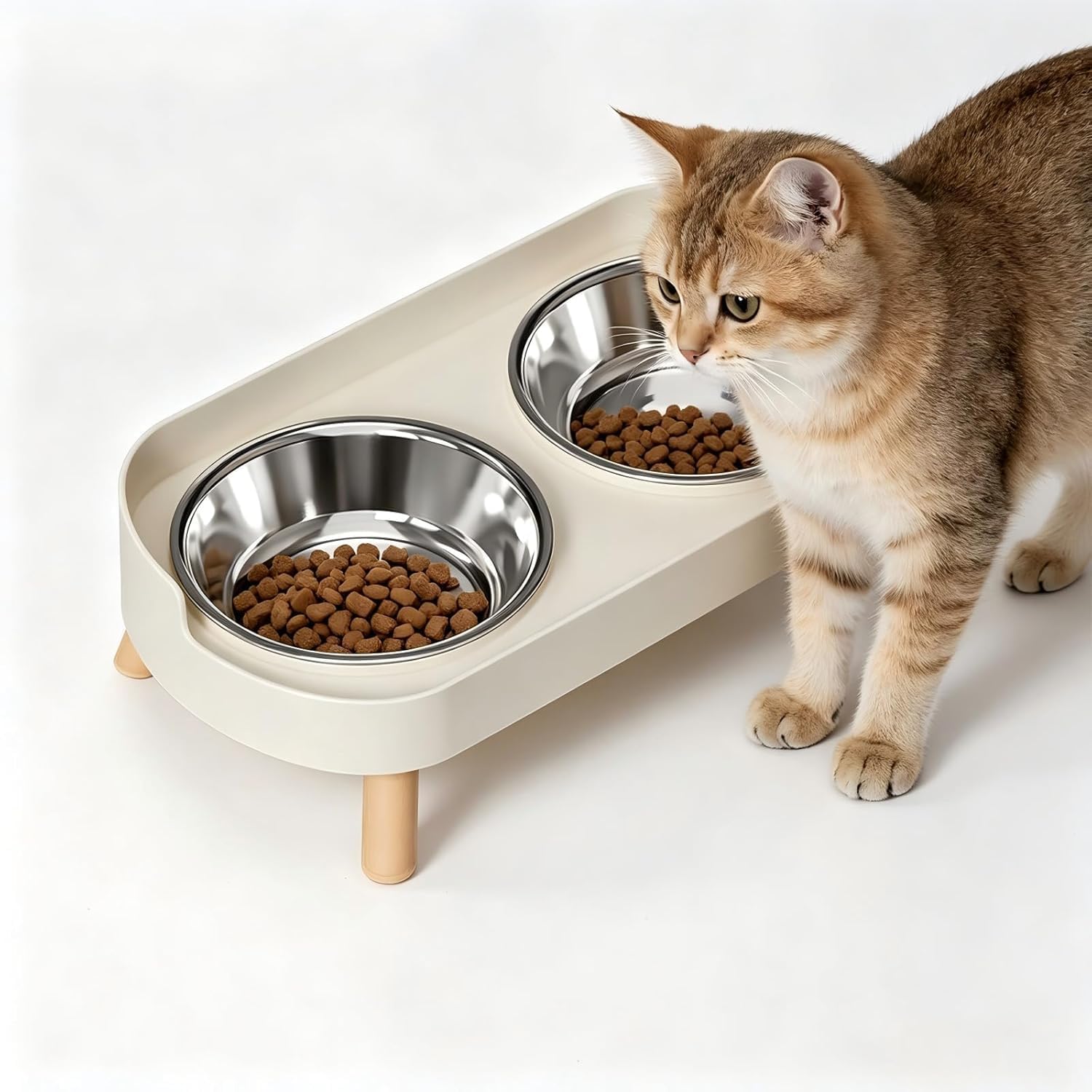 71vQ2dsIv4L._SL1500_.jpg Elevated Cat Feeder Bowl, Anti-Choking Raised Cat Food and Water Bowl with Wooden Stand, Pet Feeding and Drinking Supplies for Small and Medium Sized Dogs (Cat Bowls-White) - Image 1