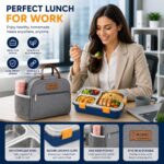 Misamo Enterprise Lunch Box with Insulated Lunch Bag Combo, 3 Compartment Stainless Steel Lunch Box with Spoon & Fork, Leak Proof Food Container for School, Office & Travel (Grey Bag+Blue Lunch Box) - Image 4