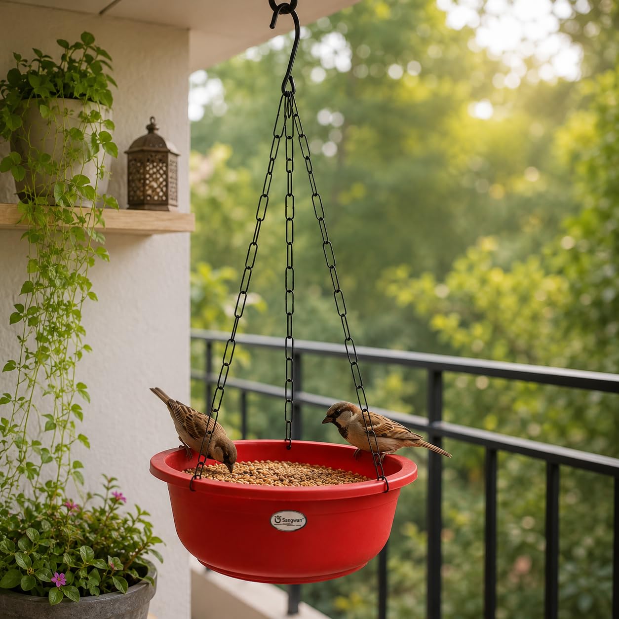 71wpLc88kAL._SL1254_.jpg Plastic Hanging Bird Feeder Pot for Outdoor Garden & Balcony | Bird Feeder Nesting Pot | Decorative Weatherproof Bird Pot for Sparrows, Finches & Small Birds | Home Garden Décor - Image 1
