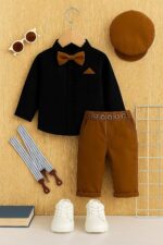 Boys Kids Formal Suspenders Outfit Set – 5-Piece Party Dress with Khaki Trousers, Black Shirt, Suspenders, Bow Tie & Cap | Suit Set For Baby Boy - Image 7