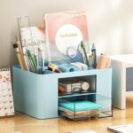 UCRAVO Plastic Stylish Stackable Desk Organizer with 2 Drawers and 5 Compartments Multi-Functional Desktop Storage Box with Pen Holder for Home,Office,School,Craft Supplies,and Art Stationery - Blue - Image 2