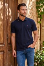 Louis Philippe Men's Slim Fit Single-Tuck Pique Stylized Sleeve Print and Contrast Tipping Half Sleeve Solid Polo Tshirt - Image 2