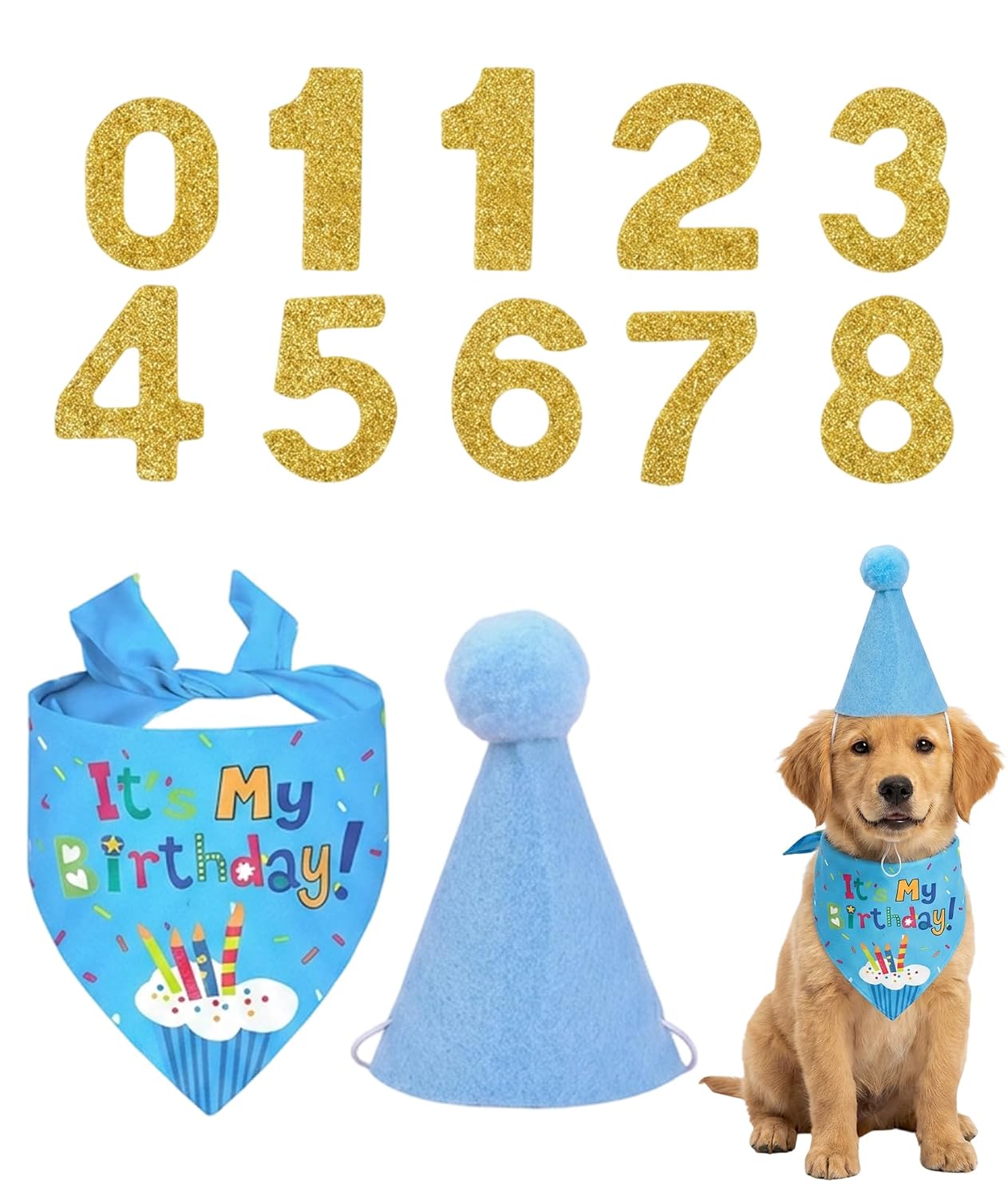 71xwNyqD1FL._SL1500_.jpg Dog Cap and Bandana Set, Pet Birthday Party Decorations, Blue Dog Birthday Accessories with Hat and Number Stickers, Festive Celebration Supplies for Dogs - Image 1