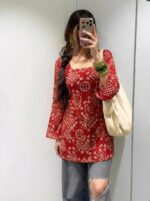 ANNI Designer Women’s Viscose Blend Printed Short Kurti | Straight Fit Casual Ethnic Top | Square Neck Full Sleeve Kurta Office College - Image 6
