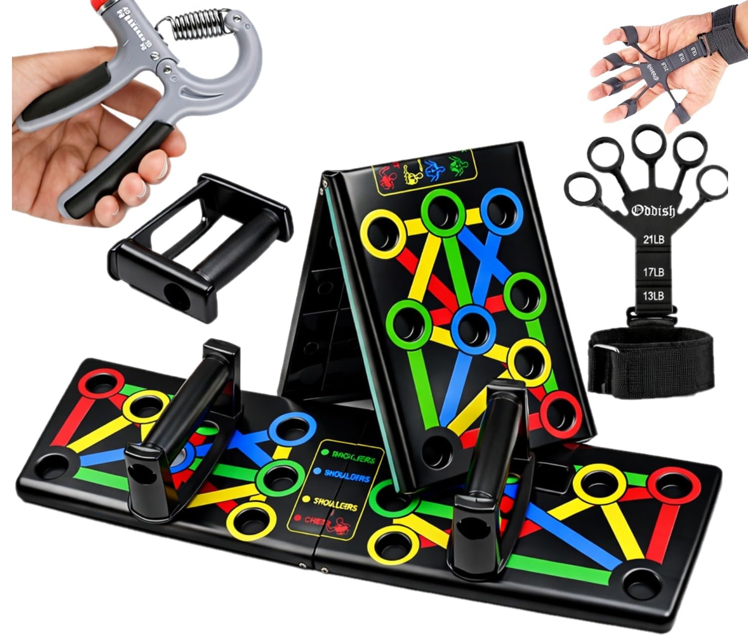 71z-W3zFA3L._SL1500_.jpg ODDISH Way to Fitness Push Up Board with Hand Grip Strengthener & Finger Exerciser | Foldable Push-Up Board for Chest, Back, Arms Workout | Home Gym Fitness Equipment for Men & Women - Image 1