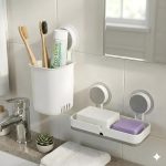 Wall Mounted Self Adhesive Toothbrush Holder with Plastic Soap Holder- Brush Holder- Soap Dish for Bathroom- Soap Stand (Toothbrush Holder+Twin Soap Dish) - Image 3