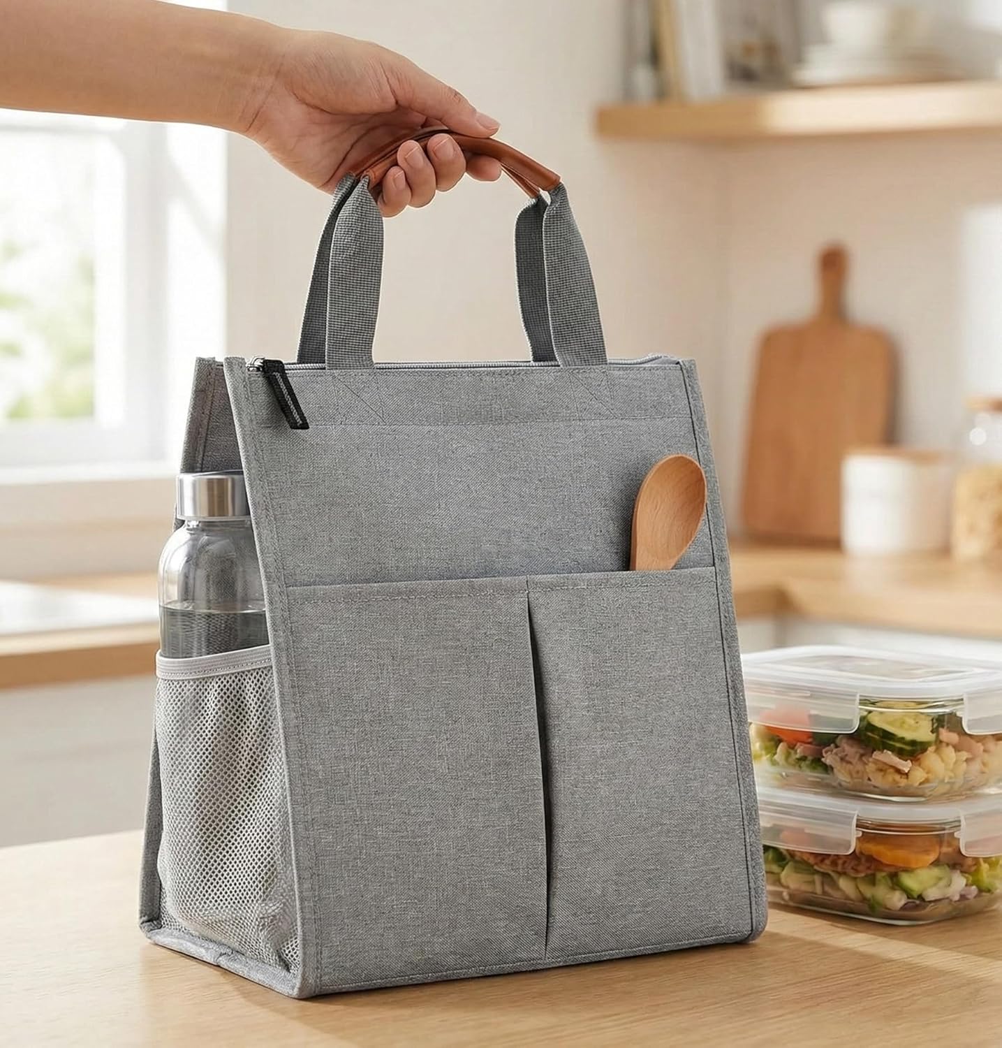 81-bLnXS8L._SL1500_.jpg SaleOn Insulated Lunch Bag for Women & Men | Waterproof Soft Cooler Tote | Leakproof, Reusable with Pockets | Thermal Lunch Box for Office, Travel, Picnic (Light Grey) - Image 1