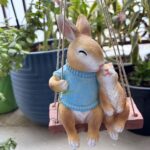 Wonderland Whimsical Hanging Garden Bunny Statue – Hand-Painted Rabbit Mother and Baby on Swing for Patio, Balcony, and Indoor Home Decor - Image 2