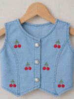 Baby Girls Denim Co-Ord Set | Sleeveless Embroidered Cherry Top & Shorts Set for Kids | Soft Denim Fabric Casual Summer Outfit for Girls (2 Piece Set) - Image 2