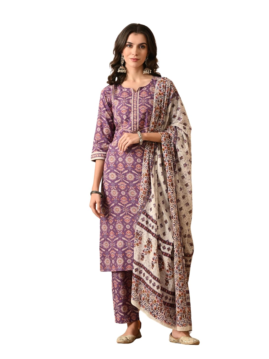 813tC6UUeAL._SL1500_.jpg Amazon Brand - Tavasya Womens Floral Printed Regular Pure Cotton Kurta with Trousers & Dupatta | Kurta Set | Salwar Suit | Ethnic Wear - Image 1