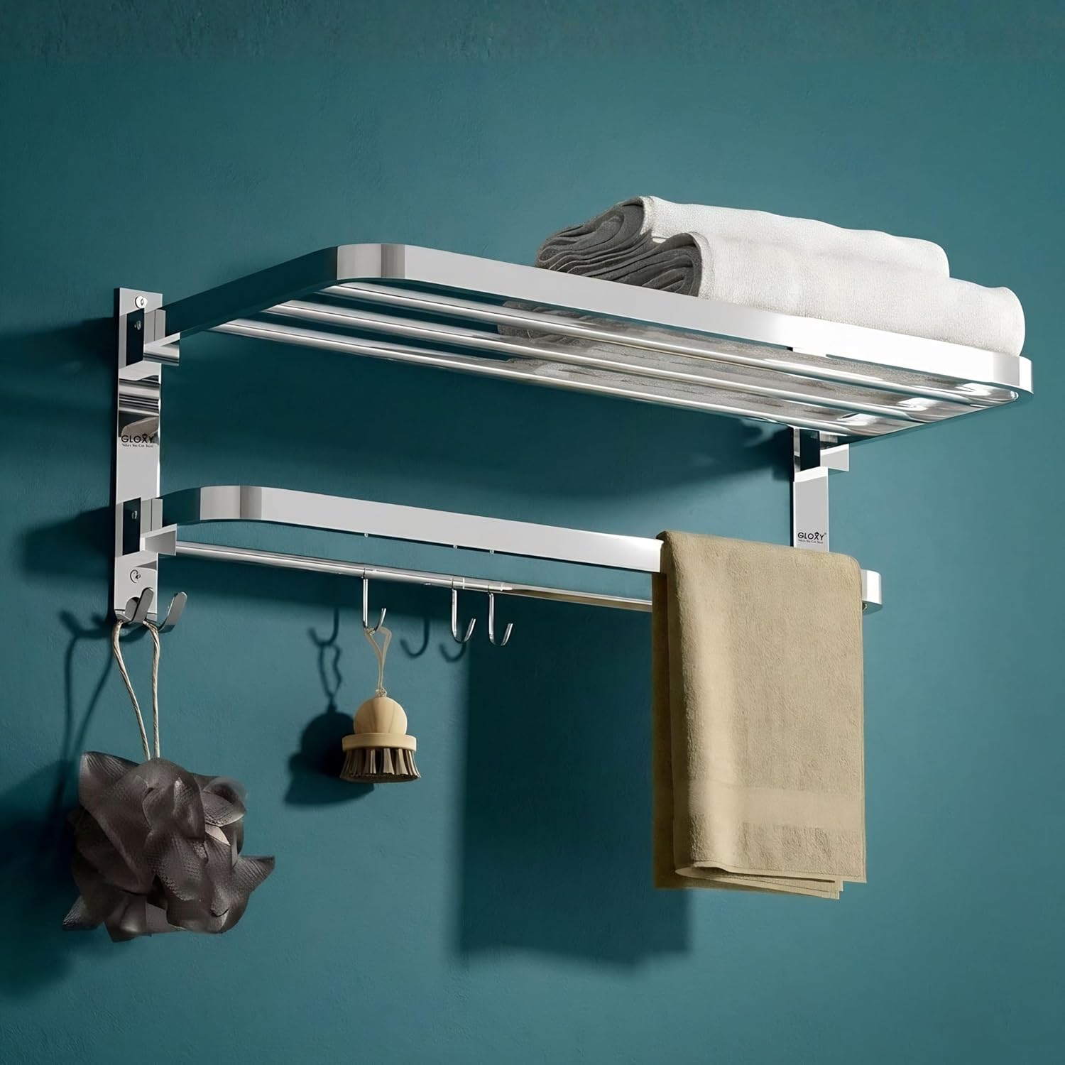 814Ua7MGRLL._SL1500_.jpg Gloxy Premium Towel Rack in Bathroom - Chrome Finish 24 Inch Stainless Steel Bathroom Hangers for Clothes Towel Holder in Bathroom - Bathroom Fittings Accessories Set with Multipurpose Hooks - Image 1