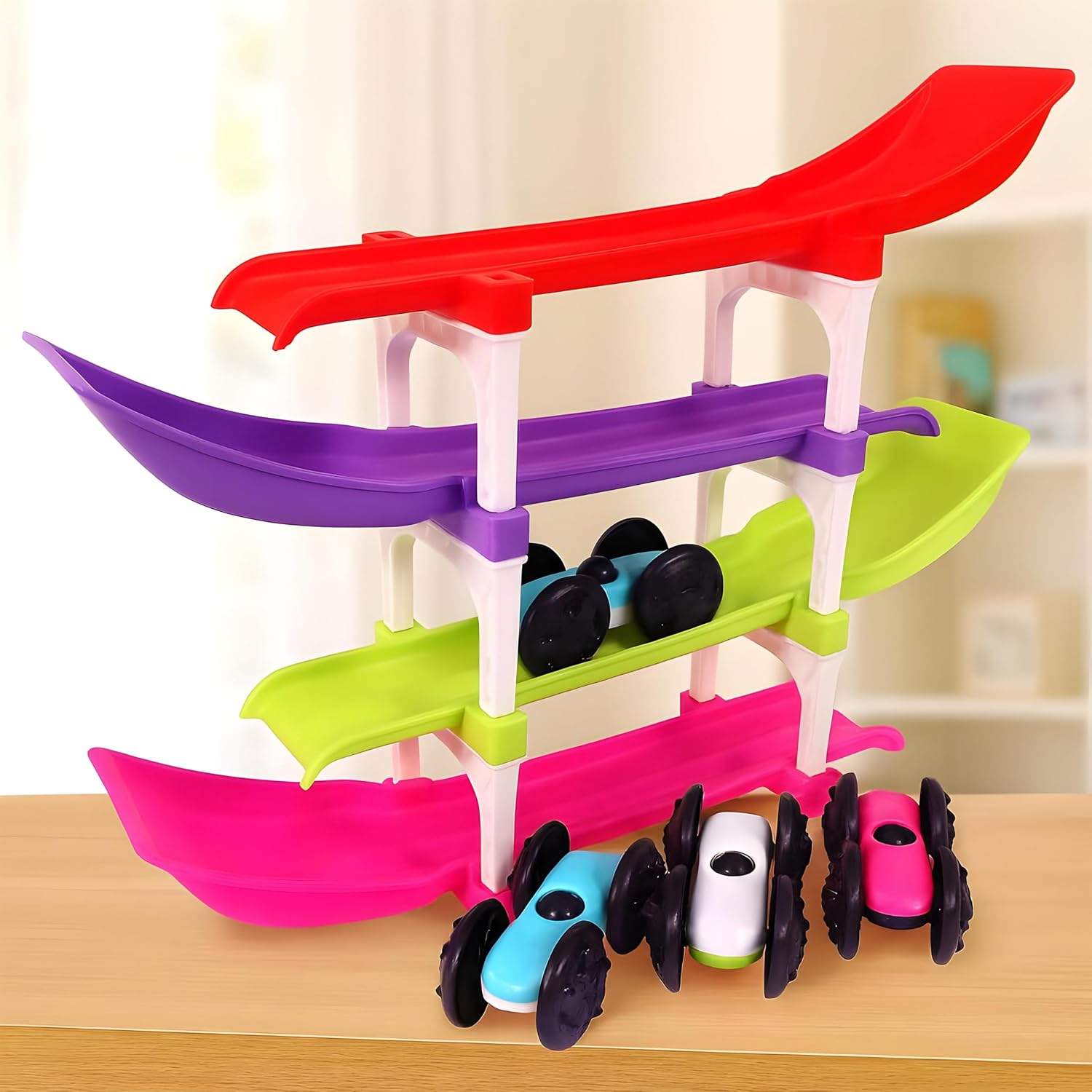 814mqR0cgqL._SL1500_.jpg Toyshine Racer Ramp Toy With 4 Cars, 4 Ramps And Race Track For 1, 2, 3 Toddlers, Boys & Girls Educational Vehicle With Figures - Image 1