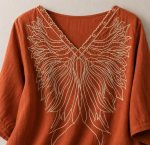 RIEKA Women's Embroidered Top for Women, Maroon V Neck Rayon, 3/4 Sleeve Casual Loose Fit Tunic, Boho Blouse for Women, Korean Style - Image 6