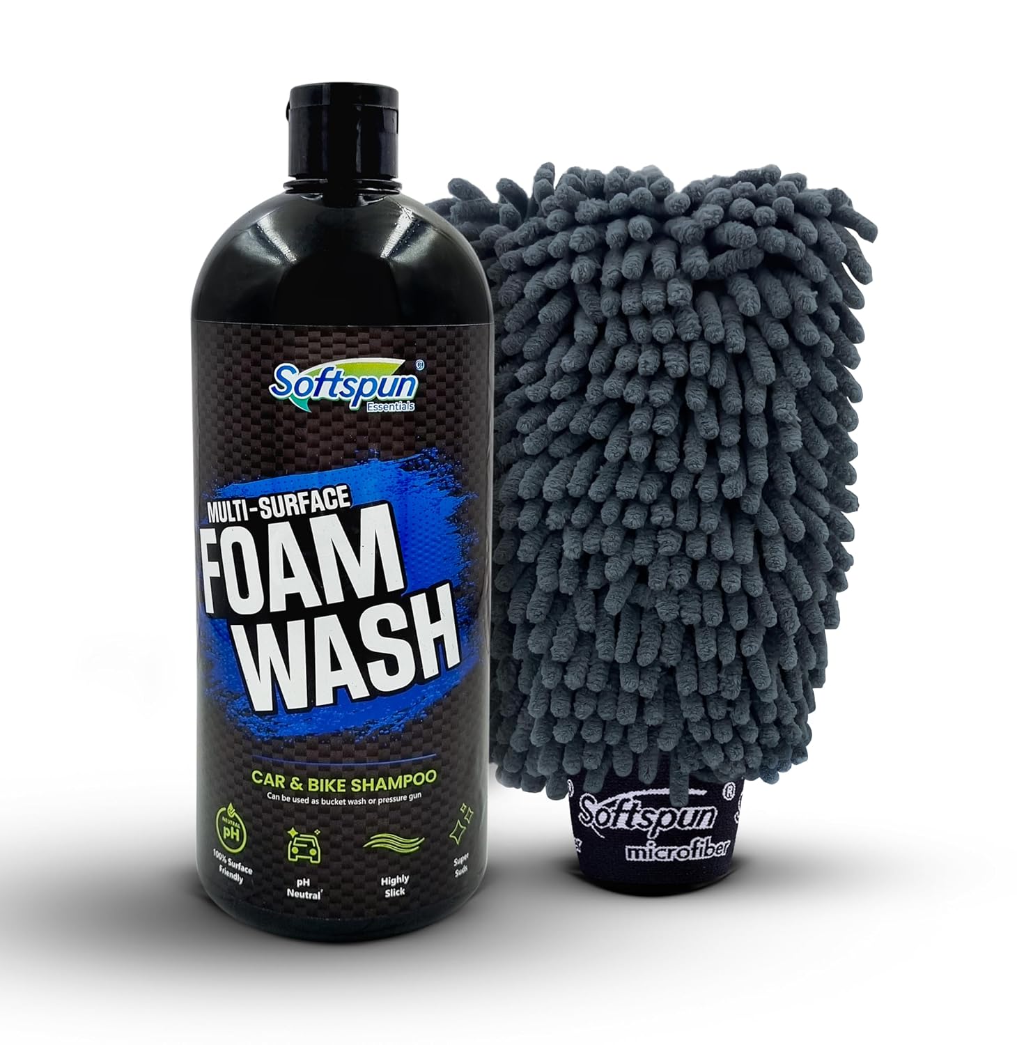 816IPqCW41L._SL1500_.jpg SOFTSPUN Microfiber 1Ltr Car & Bike pH Neutral Premium Liquid Shampoo+1700gsm 1pc Double Side Glove Grey Combo | Extra Suds, Removes Tough Dirt & Grime | Works with Bucket & Foam Cannon - Image 1