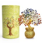 JD FRESH Feng Shui 7 Chakra Crystal Tree with Golden Money Bag Base/Natural Gemstone Decorative Showpiece Bonsai Tree for Home & Office Décor, Good Luck Diwali Gift, Wealth & Prosperity