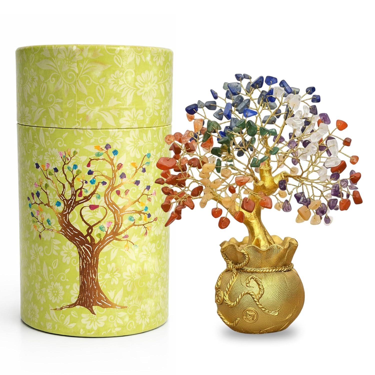 817C1dk7klL._SL1500_.jpg JD FRESH Feng Shui 7 Chakra Crystal Tree with Golden Money Bag Base/Natural Gemstone Decorative Showpiece Bonsai Tree for Home & Office Décor, Good Luck Diwali Gift, Wealth & Prosperity - Image 1