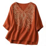 RIEKA Women's Embroidered Top for Women, Maroon V Neck Rayon, 3/4 Sleeve Casual Loose Fit Tunic, Boho Blouse for Women, Korean Style