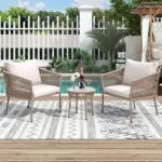 BRISHI Braid & Rope Garden Patio Seating Chair and Table Set Outdoor Balcony Garden Coffee Table Set Furniture with 1 Table and 2 Chairs Set with Cushion (Beige and White), 61 cm, 81.3 cm