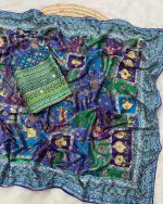 Women's Blue Green Pink Multicolored Ajrak Digital Prined Real Mirror And Latkan Worked Saree With Blouse - Image 6