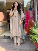GoSriKi Fendy Glass Embroidered A-Line Kurta with Palazzo for Women | Fendy Glass Grey | Kaftan Sleeve | Round Neck | Ethnic Wear Casual Wear - Image 3