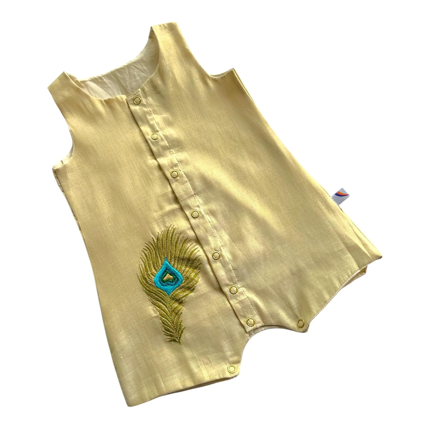 81GqQWFHu7L._SL1500_.jpg Picksparrow Unisex Baby Ethnic Romper, Gold Colour with Peacock Feather Embroidery - Image 1