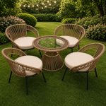5-Piece Outdoor Rattan Rope Patio Bistro Set for Garden, Backyard, Balcony, Porch, Poolside Furniture with All-Weather Rattan Rope and Glass Top Table, (58 X 46 X 79Cm) (Dark Honey)
