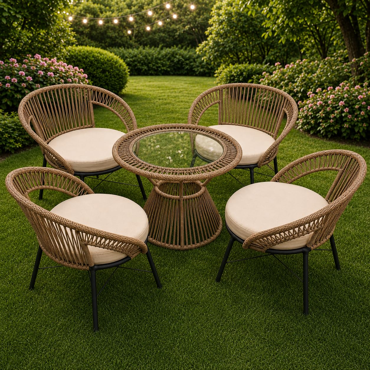 81Gz3muLt5L._SL1254_.jpg 5-Piece Outdoor Rattan Rope Patio Bistro Set for Garden, Backyard, Balcony, Porch, Poolside Furniture with All-Weather Rattan Rope and Glass Top Table, (58 X 46 X 79Cm) (Dark Honey) - Image 1