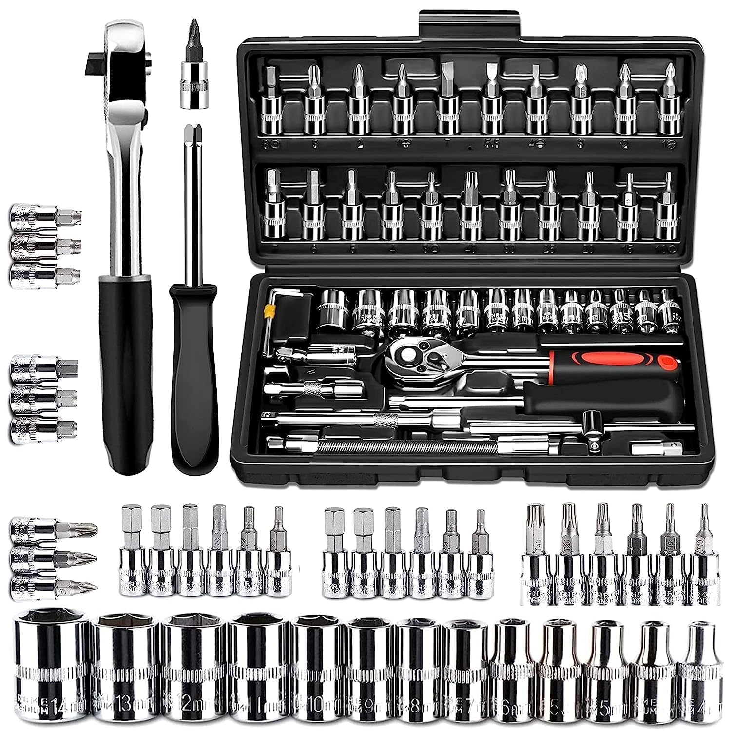81KQZX6txLL._SL1500_.jpg 46 in 1 tool kit Drive Socket Set Auto Repair Hand Tool Ratchet Hex Wrench Set, Tool Kit For Automotive Repair, Household, Car & Bicycle Repairs Metric Screwdriver Set With Storage Case - Image 1