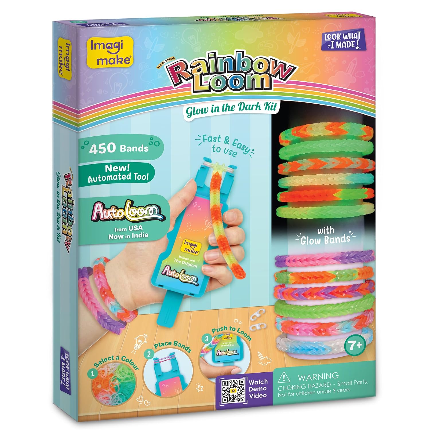81M1OyYUlL._SL1500_.jpg Imagimake Rainbow Loom Glow in the Dark Kit | Bracelet Making kit with 450+ Bands & Clips | Auto Loom Tool |DIY Art & Craft Kit |Travel Toys | Creative Gift for Girls Age 7+ - Image 1