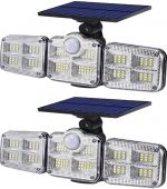 Solar Motion Sensor LED Bright White Light Outdoor for Home Wall Room Balcony Garage Backyard Garden with 122 LEDs and 3 Adjustable Heads and Remote Control (Pack of 1)