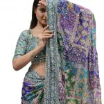 Women's Blue Green Pink Multicolored Ajrak Digital Prined Real Mirror And Latkan Worked Saree With Blouse