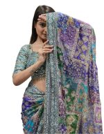 Women's Blue Green Pink Multicolored Ajrak Digital Prined Real Mirror And Latkan Worked Saree With Blouse
